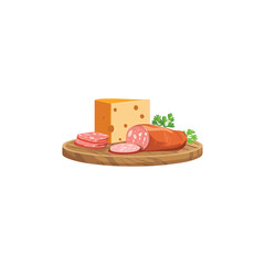 Flat vector illustration of cheese and meat on a wooden plate, white background, high resolution, no text, colorful, simple design, professional t-shirt design vector art style, no mockup effect, soli