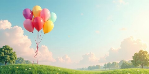 A cluster of colorful balloons floats gently above a verdant meadow under a serene, pastel sky