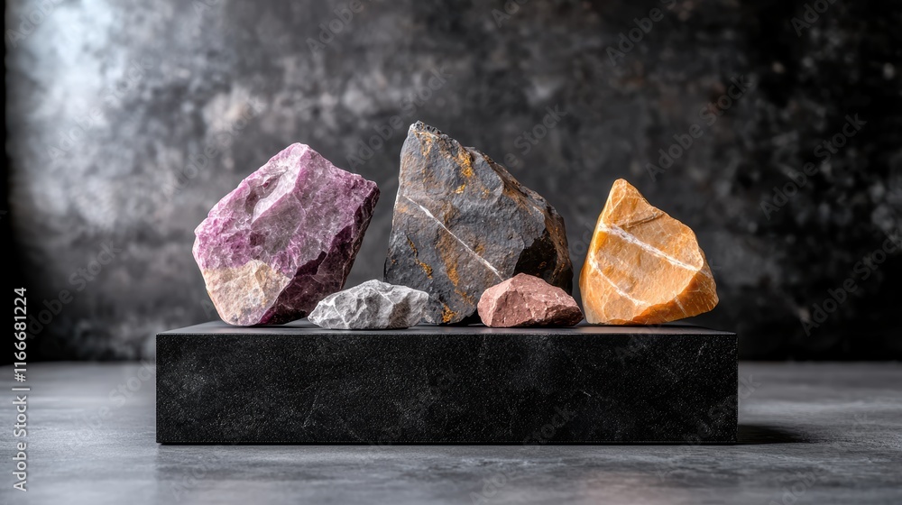 Poster showcasing colorful mineral rocks on black display studio setting photography artistic environment c