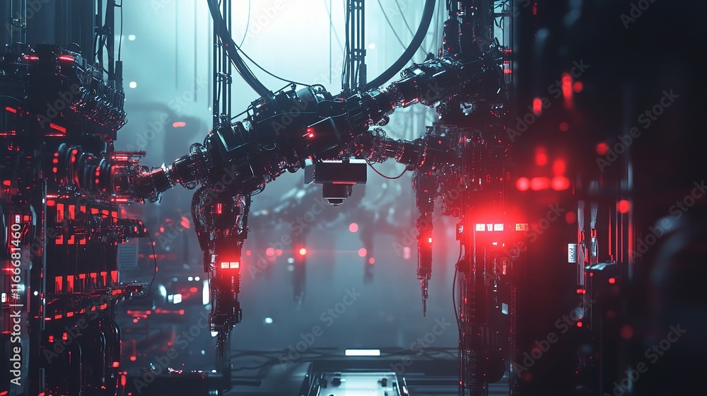 Poster high-tech machine in factory with glowing lights and modern design