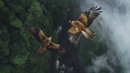 Fototapeta premium Eagles Soaring Above a Misty Jungle Landscape