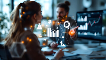 Business Meeting with Financial Icons, Financial Planning and Strategy Discussion, Data Analysis and Business Growth Meeting