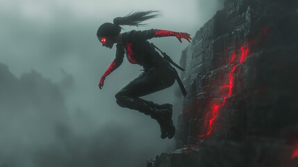 Cyberpunk Warrior's Leap of Faith