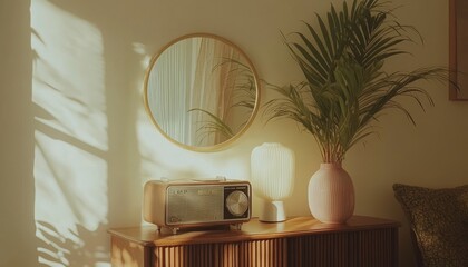 Retro Radio on Wooden Cabinet with Mirror and Plant in Warm Lighted Room