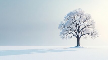 Fototapeta premium Solitary Frost-Covered Tree in a Vast Winter Landscape, a Serene and Peaceful Scene of Nature's Beauty