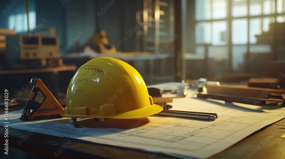 Poster yellow construction helmet resting on blueprint in workshop setting