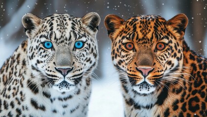 Obraz premium Stunning Closeup of Two Leopards in Winter Wonderland: A Captivating Contrast of Colors and Coats