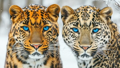 Obraz premium Stunning Duo of Amur Leopards with Striking Blue Eyes in Snowy Habitat