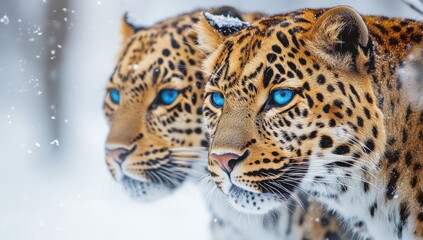 Obraz premium Majestic Amur Leopards in Winter Wonderland: Two Stunning Big Cats with Striking Blue Eyes