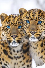 Obraz premium Stunning Close-up of Two Amur Leopards in Winter Wonderland, Blue Eyes Captivating