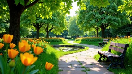Serene Garden Path with Blooming Tulips and Tranquil Pond, Offering Peaceful Seating Areas Under Lush Green Canopy