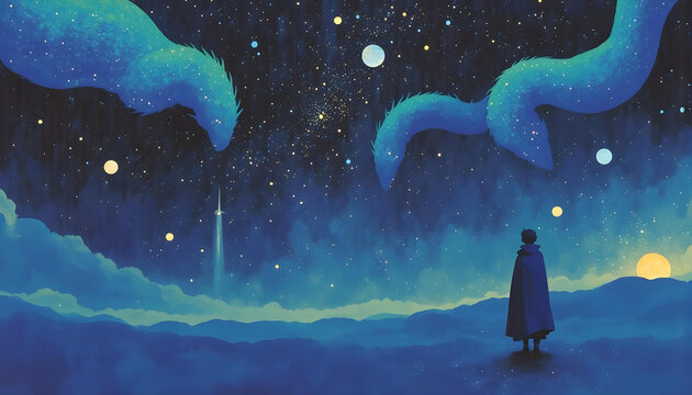 Paisaje nocturno con serpientes volando en el cielo
