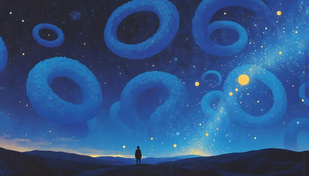Paisaje nocturno con serpientes volando en el cielo