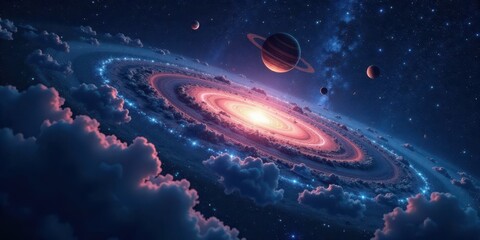 A Celestial Tapestry of Glowing Nebulae, Encircling Planets and Cosmic Dust within a Star System