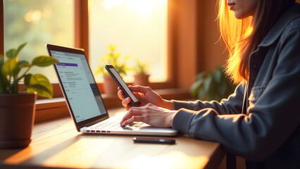 Freelancer working from home at sunset using laptop and smartphone