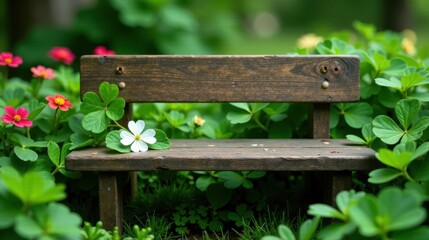 Fototapeta premium Rustic wooden bench nestled amidst vibrant green foliage and delicate blossoms, a tranquil scene of natural beauty
