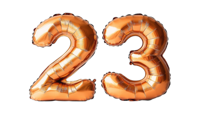 Rose gold number 23 foil balloons on black background.