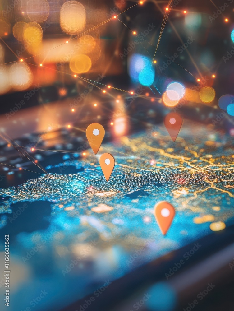 Poster technology and global connection concept. close up of digital map with location pins and laptop on b