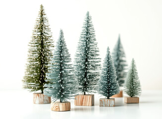 five miniature artificial evergreens on wooden bases