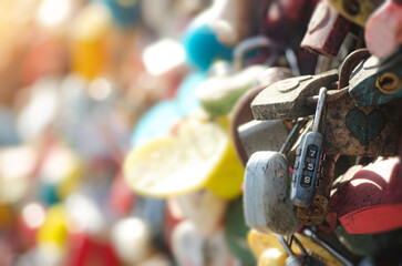 Old Love padlocks symbolizing love between couples at Namsan tower in Seoul South Korea.