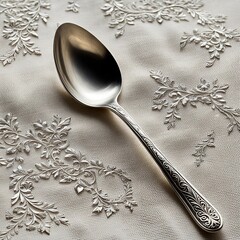 a silver spoon on an embroidered white napkin
