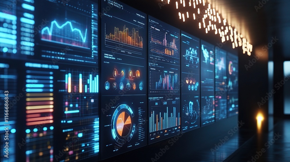 Poster digital business strategy presentation with charts and graphs
