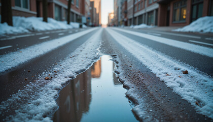 Fototapeta premium Slushy street reflecting puddles in urban setting, early spring vibe