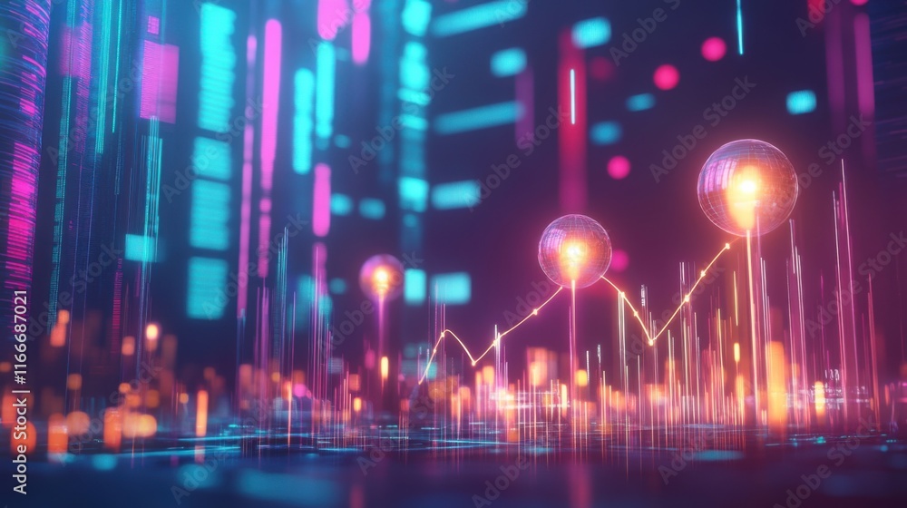 Poster abstract neon cityscape with ascending data graph and illuminated spheres representing growth and te