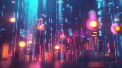 Fototapeta premium Neon Cityscape: Futuristic Urban Landscape with Glowing Bulbs and Data Streams