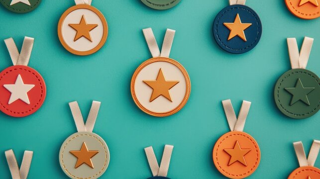 Gamification Colorful medals with stars displayed on a vibrant background.