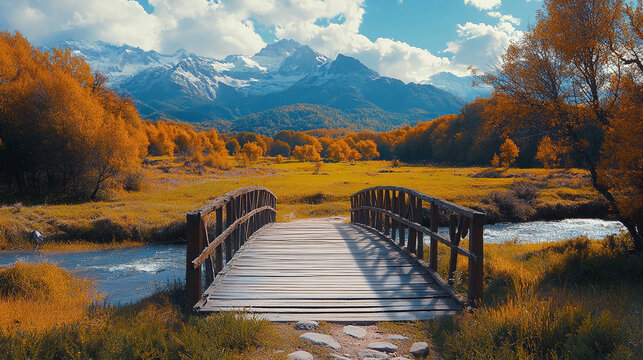 Wooden bridge over a river in a field against the backdrop of an autumn forest and snow-capped mountains