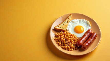 A Simple Breakfast Plate Featuring Fried Egg, Sausages, Toast, and Peas on a Vibrant Yellow Background