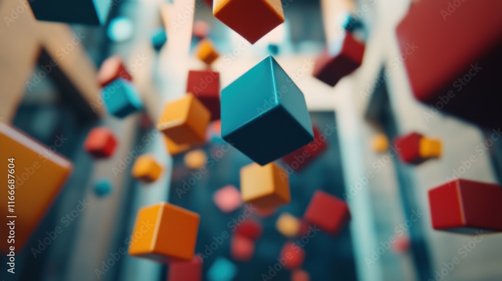 Aufkleber abstract 3d rendering of falling colorful cubes in motion blurred background