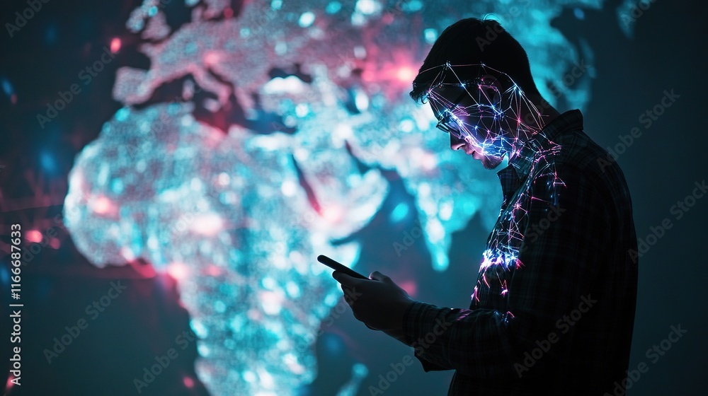 Poster man using smartphone connected to global network and technology