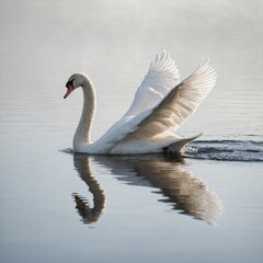 Fototapeta premium A swan gliding gracefully with reflections faintly visible on a white background.