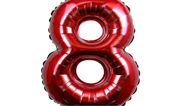 Red number eight foil balloon isolated on black.