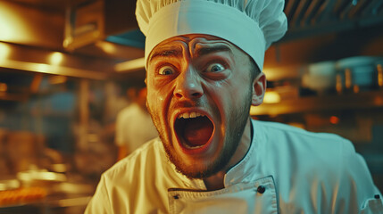 Screaming chef in restaurant kitchen