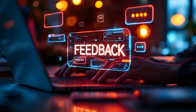 Giving Online Feedback on Laptop, Customer Reviews and User Feedback, Online Communication and Feedback Concept