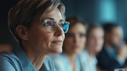 Portrait of a middle-aged businesswoman in glasses sitting at a meeting with colleagues in an office