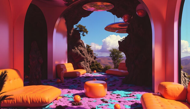Un paisaje surrealista y psicod&eacute;lico con rocas flotantes, cojines de colores y un cielo vibrante con nubes y objetos celestes.