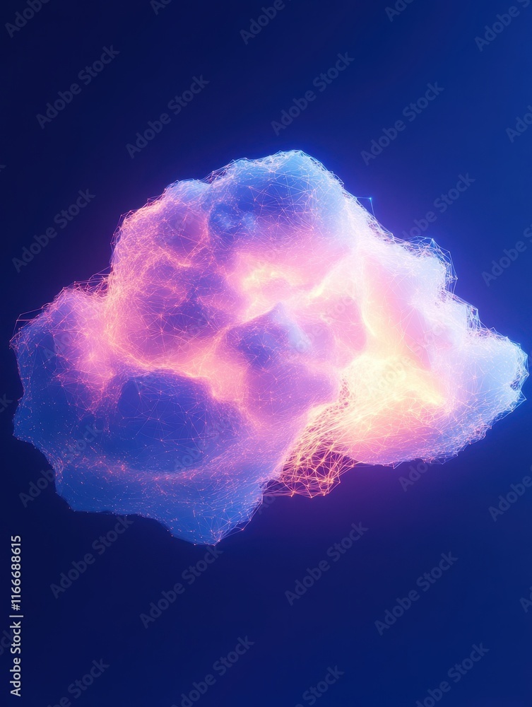 Poster creative glowing polygonal cloud on blue background. cloud computing and data concept. 3d rendering.