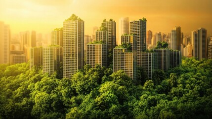 Eco-Friendly Cityscape: Green Buildings Integrated into Lush Forest at Golden Hour