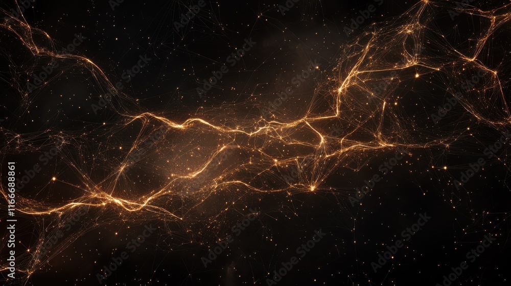 Poster intricate lines and dots creating a glowing abstract network on a dark background, symbolizing conne