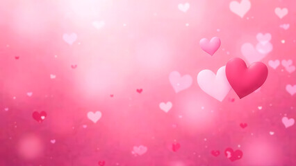 Valentine Day greeting card of pink color decorated with lots bokeh of hearts shaped on light pink background. Mockup design of invitation card. Love symbol. Romantic backdrop. Abstract pattern