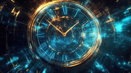 A futuristic clock design with glowing elements and a dynamic background.