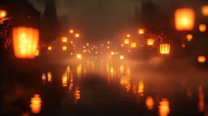 Fototapeta premium Enchanted Night: Lanterns Illuminate Misty River Bridge