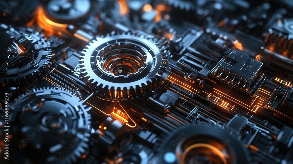 Poster intricate 3d gears and machine components interconnectedly working
