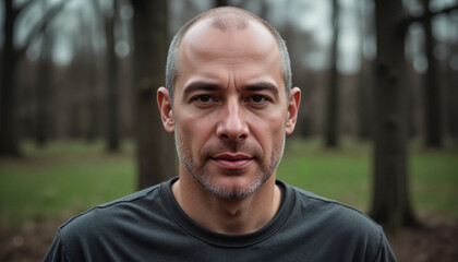 Concerned man standing in park during overcast weather, hair loss awareness