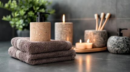 Relaxing spa setup with towels candles and skincare products in a calm bathroom environment