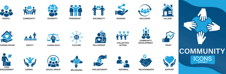 Community icon set. people, friendship, social, diversity, village, relationships, support You can easily change the color